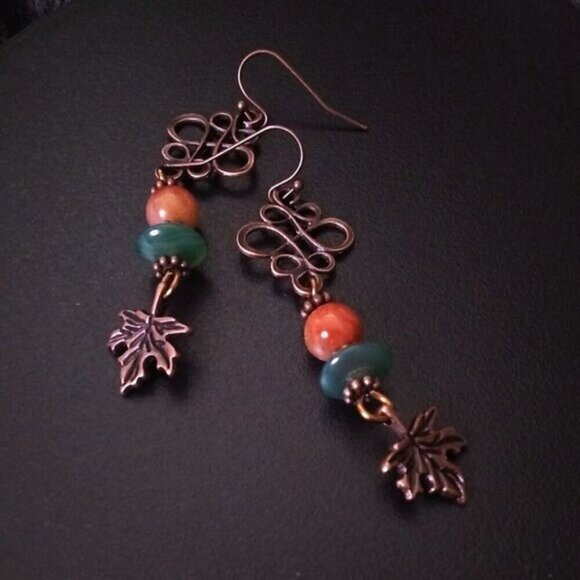Stacked Beads + Copper Filigree + Maple Leaf Earrings - Unique Autumn Earrings - Picture 4 of 8